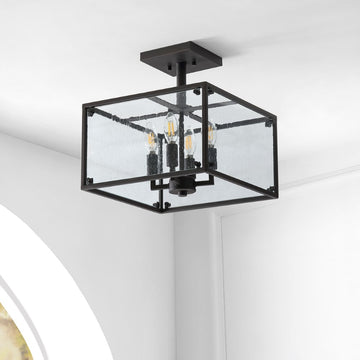 Paysan 13" Iron/Seeded Glass Rustic Farmhouse LED Flush Mount - JONATHAN Y